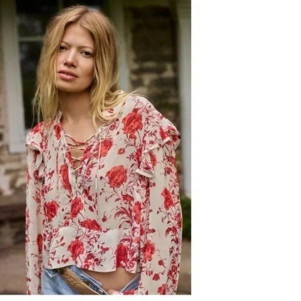 Anthropologie Maeve XL Long-Sleeve Ruffled Sheer Blouse Boho Cottagecore
